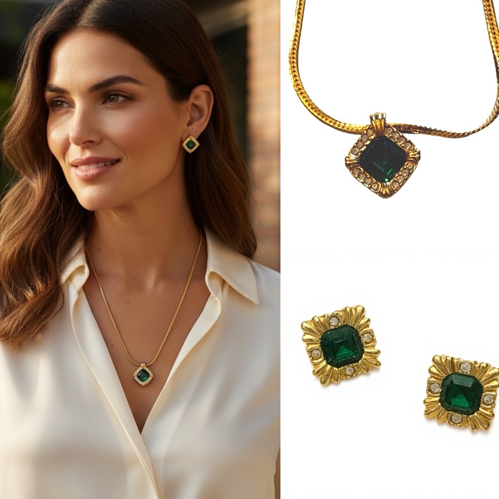 Vintage Gold-Plated Emerald Green Pendant Necklace and Stud Earring Set